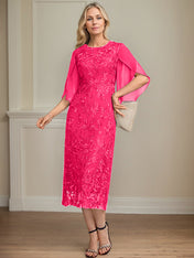 Sheath/Column Scoop Tea-Length Lace Chiffon Mother of the Bride Dress