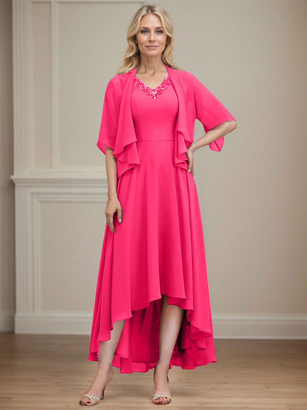 A-line V-Neck Asymmetrical Chiffon Mother of the Bride Dress With Beading Sequins