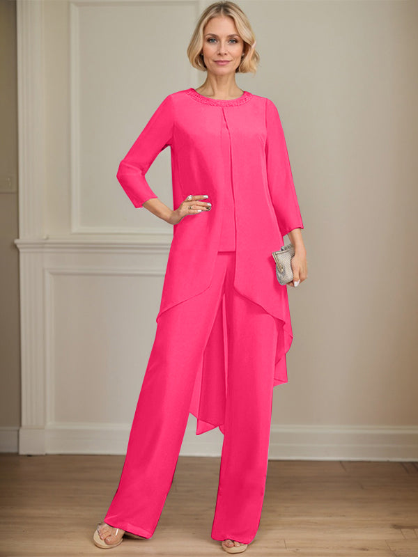 Separates Jumpsuit/Pantsuit Scoop Floor-Length Chiffon Mother of the Bride Dress With Sequins Beading