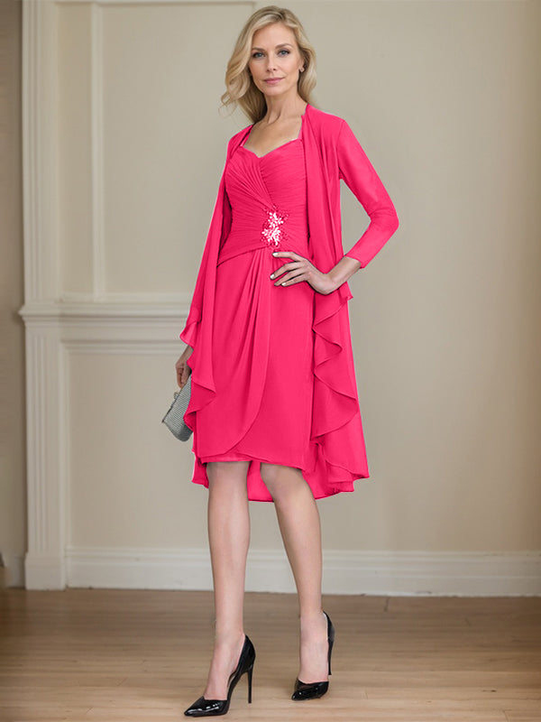 Column Sweetheart Knee-Length Chiffon Mother of the Bride Dress With Beading Appliques Lace Sequins Pleated