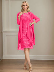 Sheath/Column Scoop Illusion Knee-Length Lace Chiffon Mother of the Bride Dress With Cascading Ruffles Sequins