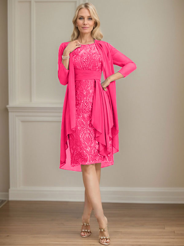 Column Scoop Illusion Knee-Length Lace Chiffon Mother of the Bride Dress With Cascading Ruffles Sequins