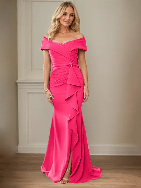 Column V-Neck Illusion Floor-Length Lace Chiffon Mother of the Bride Dress With Pleated Sequins