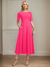 A-line Scoop Tea-Length Chiffon Mother of the Bride Dress With Appliques Lace Sequins