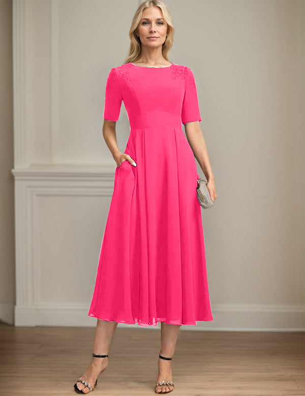 A-line Scoop Tea-Length Chiffon Mother of the Bride Dress With Appliques Lace Sequins