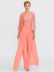 3 Piece Chiffon Square Neck Mother of the Bride Pantsuits with Jacket