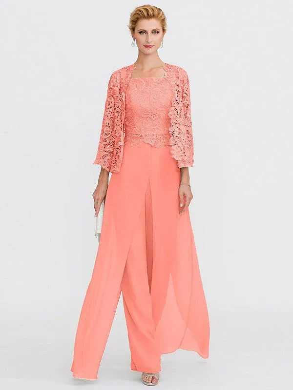 Ensemble 3 pièces en mousseline de soie avec col carré et veste pour mère de la mariée 
