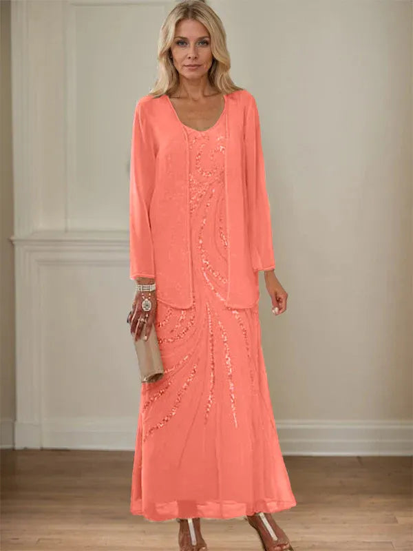 Robe de mère de la mariée fourreau/colonne, col en V, longueur cheville, avec veste et paillettes 