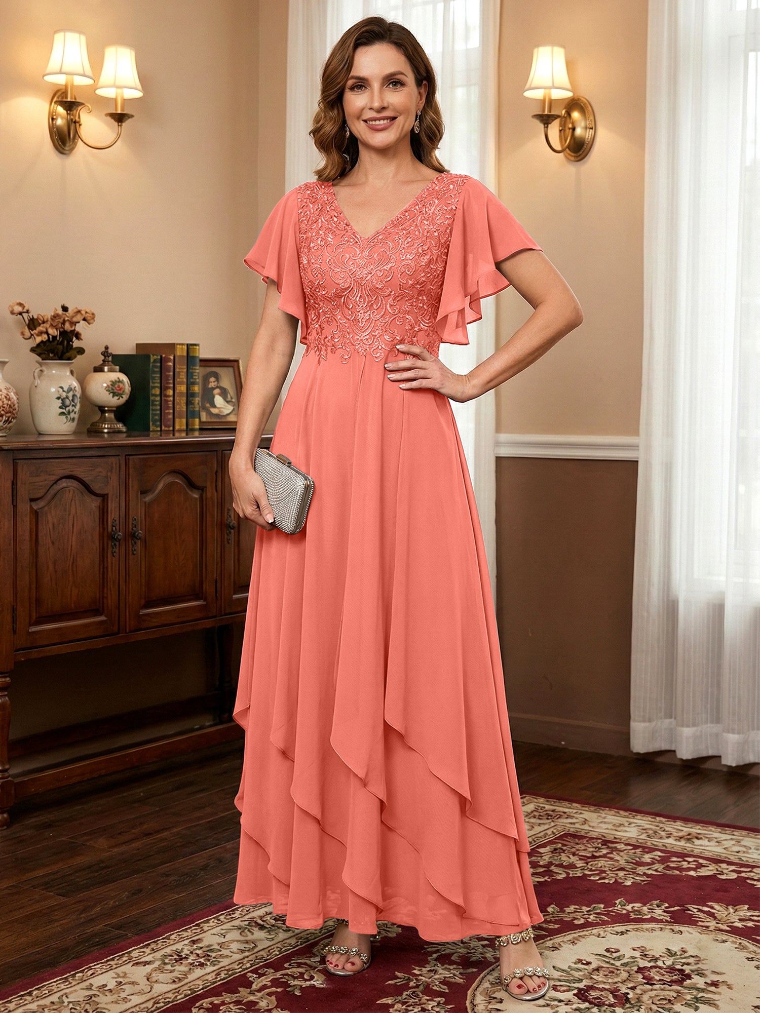 A-line V-Neck Ankle-Length Lace Chiffon Mother of the Bride Dress With Cascading Ruffles
