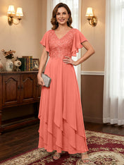 A-line V-Neck Ankle-Length Lace Chiffon Mother of the Bride Dress With Cascading Ruffles