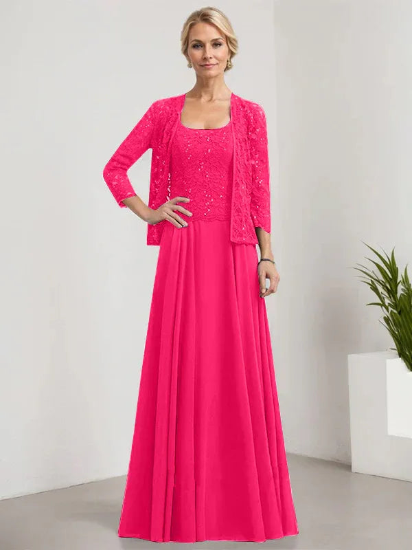 A-line Square Floor-Length Lace Chiffon Mother of the Bride Dress With Sequins