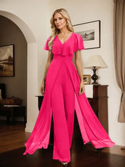 Jumpsuit/Pantsuit V-Neck Floor-Length Chiffon Evening Dress