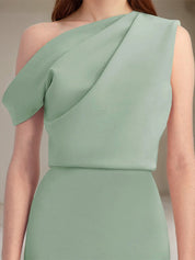 Mist Green Satin One Shoulder Sleeveless Floor Length Formal Dress