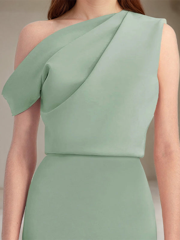 Mist Green Satin One Shoulder Sleeveless Floor Length Formal Dress