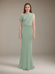 Mist Green Satin One Shoulder Sleeveless Floor Length Formal Dress