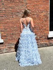 Whimsical Blue Floral Tiered Ruffled Corset Prom Dress