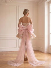 Whimsical Blush Pink 3D Floral Bow-Back Short Homecoming Dress