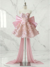 Whimsical Blush Pink 3D Floral Bow-Back Short Homecoming Dress