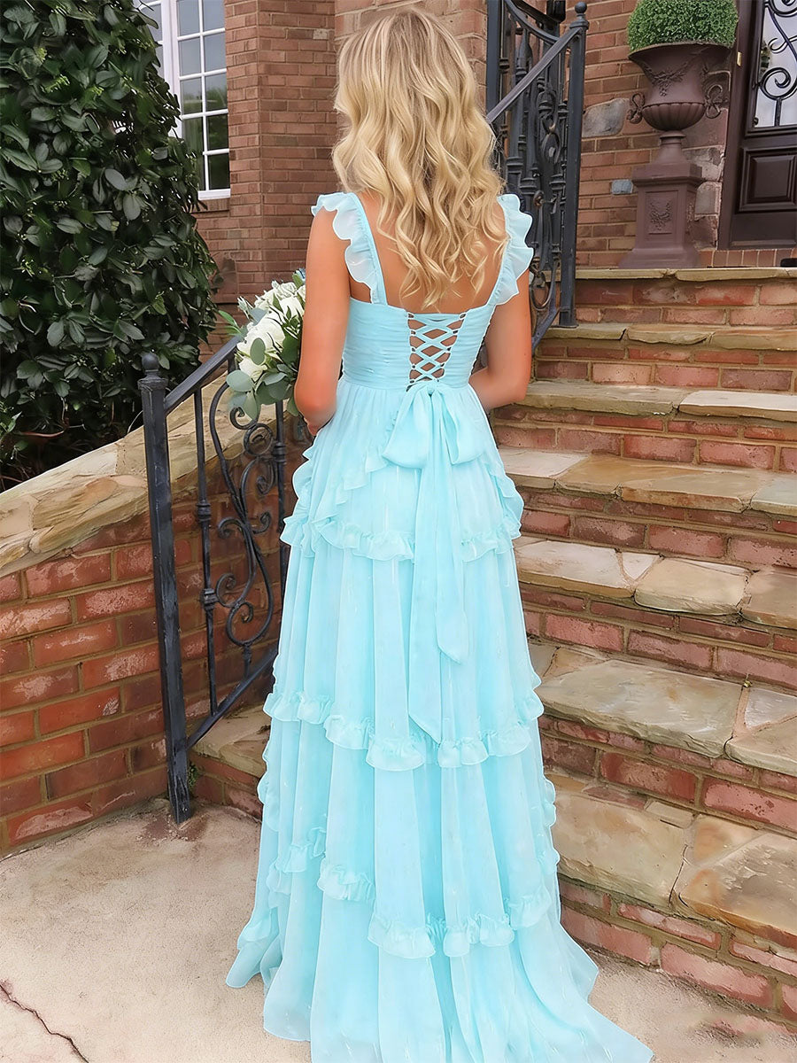 Whimsical Light Blue Ruffled Tiered A-Line Prom Dress