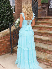 Whimsical Light Blue Ruffled Tiered A-Line Prom Dress