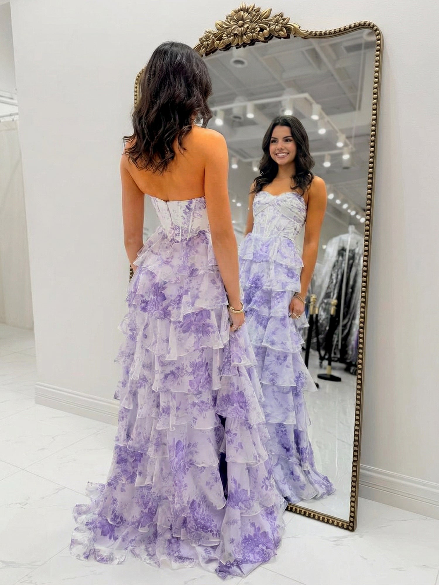 Whimsical Lilac Floral Tiered Ruffle Prom Dress with Slit