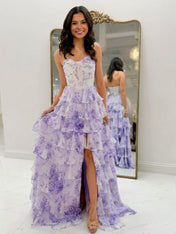Whimsical Lilac Floral Tiered Ruffle Prom Dress with Slit