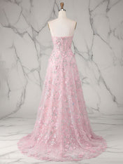 Whimsical Pink 3D Floral Applique Tulle Prom Dress with Slit