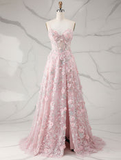 Whimsical Pink 3D Floral Applique Tulle Prom Dress with Slit