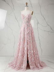 Whimsical Pink 3D Floral Applique Tulle Prom Dress with Slit