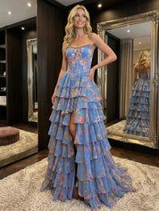 Whimsical Pink Floral Tiered Ruffles Corset Prom Dress with Slit