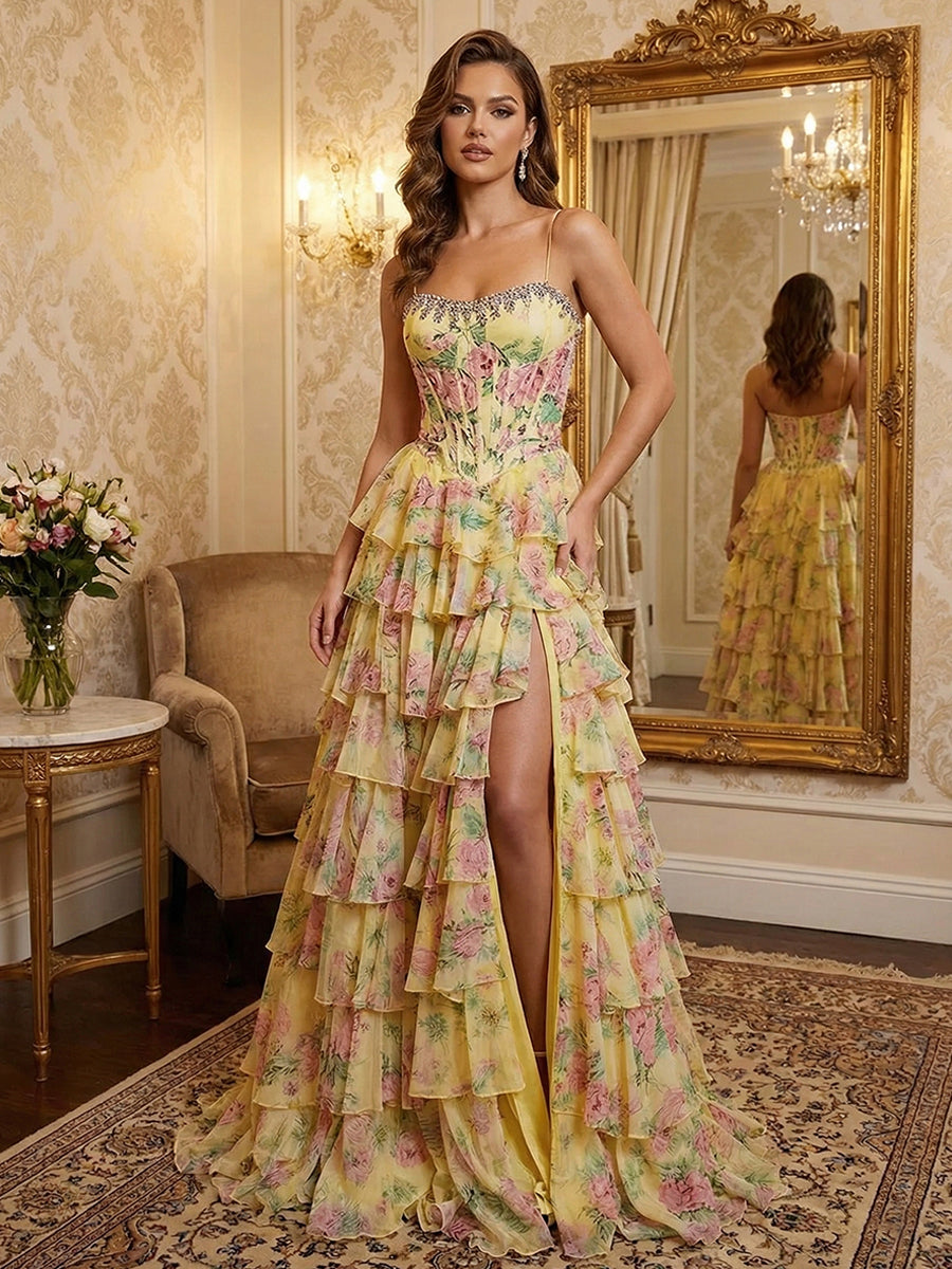 Whimsical Pink Floral Tiered Ruffles Corset Prom Dress with Slit