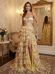 Whimsical Pink Floral Tiered Ruffles Corset Prom Dress with Slit