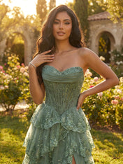 Whimsical Sage Green Tiered Ruffle Corset Prom Dress with Slit