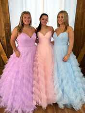 Whimsical Strapless Ruffled Tulle Long Prom Dress