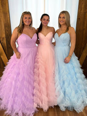 Whimsical Strapless Ruffled Tulle Long Prom Dress