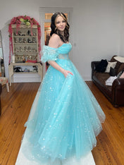 Pink Star Tulle Strapless Puff Sleeves Corset Prom Dress