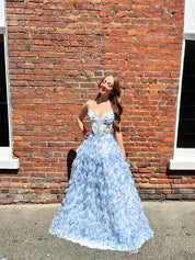Whimsical Blue Floral Tiered Ruffled Corset Prom Dress
