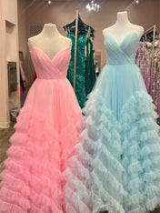Whimsical Strapless Ruffled Tulle Long Prom Dress