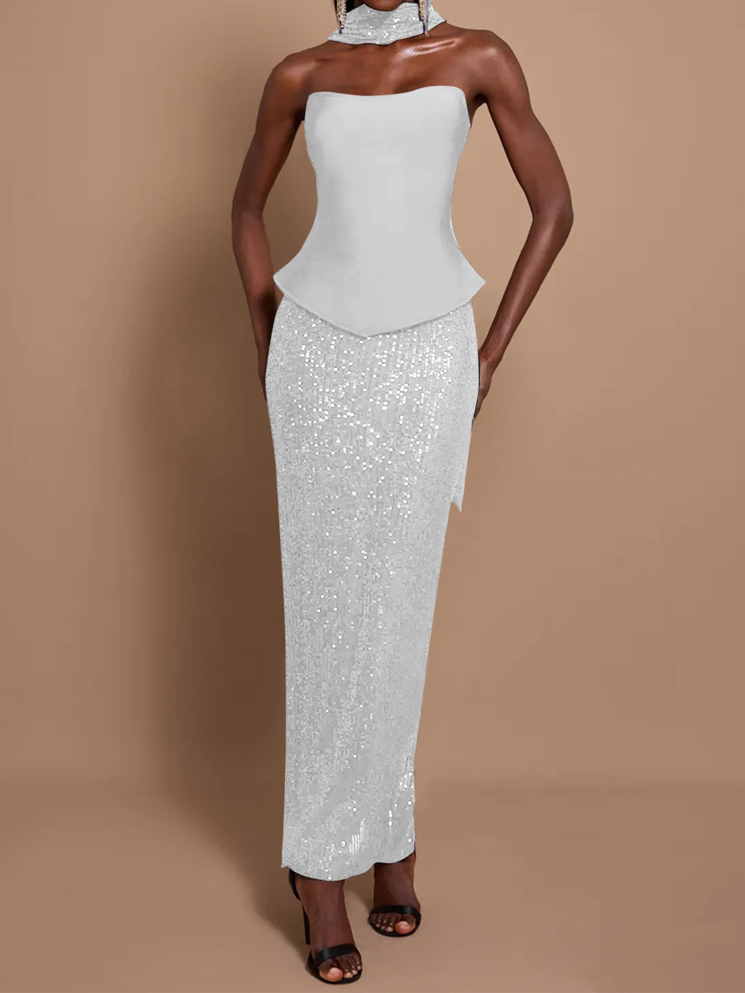 Off-Shoulder Bandage Top & Sequin Midi Skirt Set