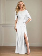 Sheath/Column Satin Scoop Neck Cap Sleeves Floor Length Mother Of The Bride Dresses