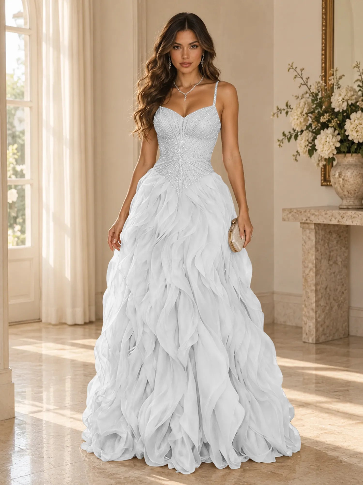 Elegant Beaded Spaghetti Strap Tiered Ruffle Ball Gown Evening Dress