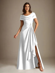 A-Line Scoop Floor-Length Stretch Satin Mother of the Bride Dress With Cascading Ruffles