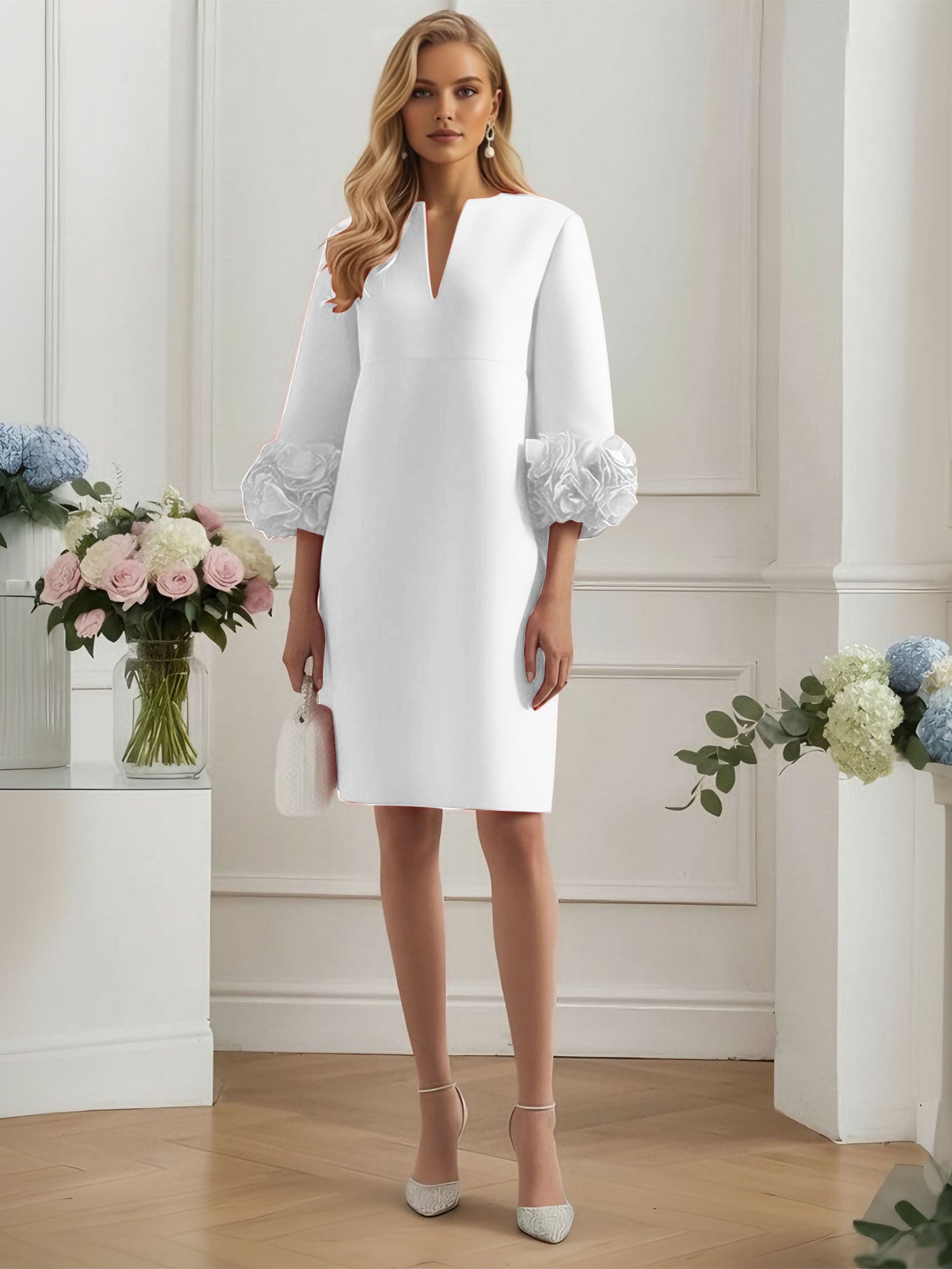 3D Floral Classic Notched Long Sleeve A-Line Midi Dress