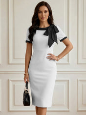 Powder Blue Bow Short Sleeve Sheath Midi Dress Gown