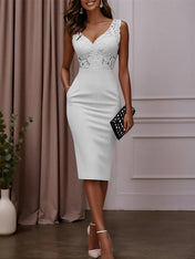 Pink Lace Hotfix Embellished Classic V Neck Sleeveless Sheath Midi Dress