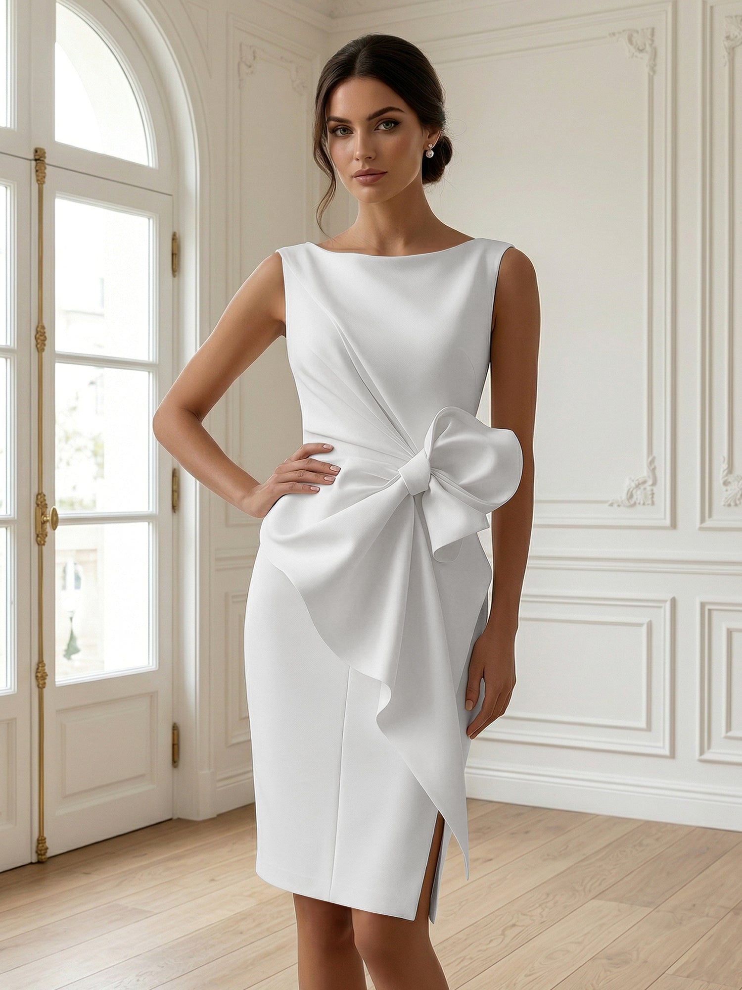 White 3D Bow Sleeveless Sheath Midi Dress Evening Gown