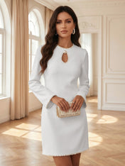 White Pearl Hollow Out Classic Crew Neck Long Sleeve Shift Mini Dress Gown