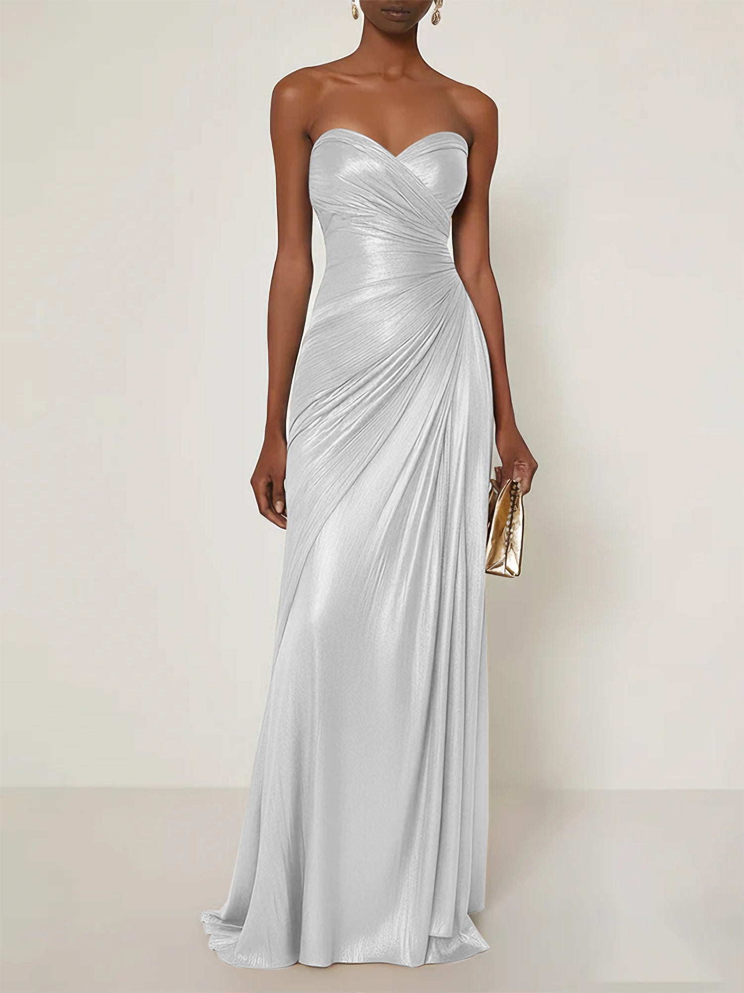 Evening Formal Dress V Neck Silver Silk Ruffles Strapless Maxi Dress
