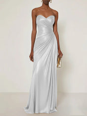 Evening Formal Dress V Neck Silver Silk Ruffles Strapless Maxi Dress