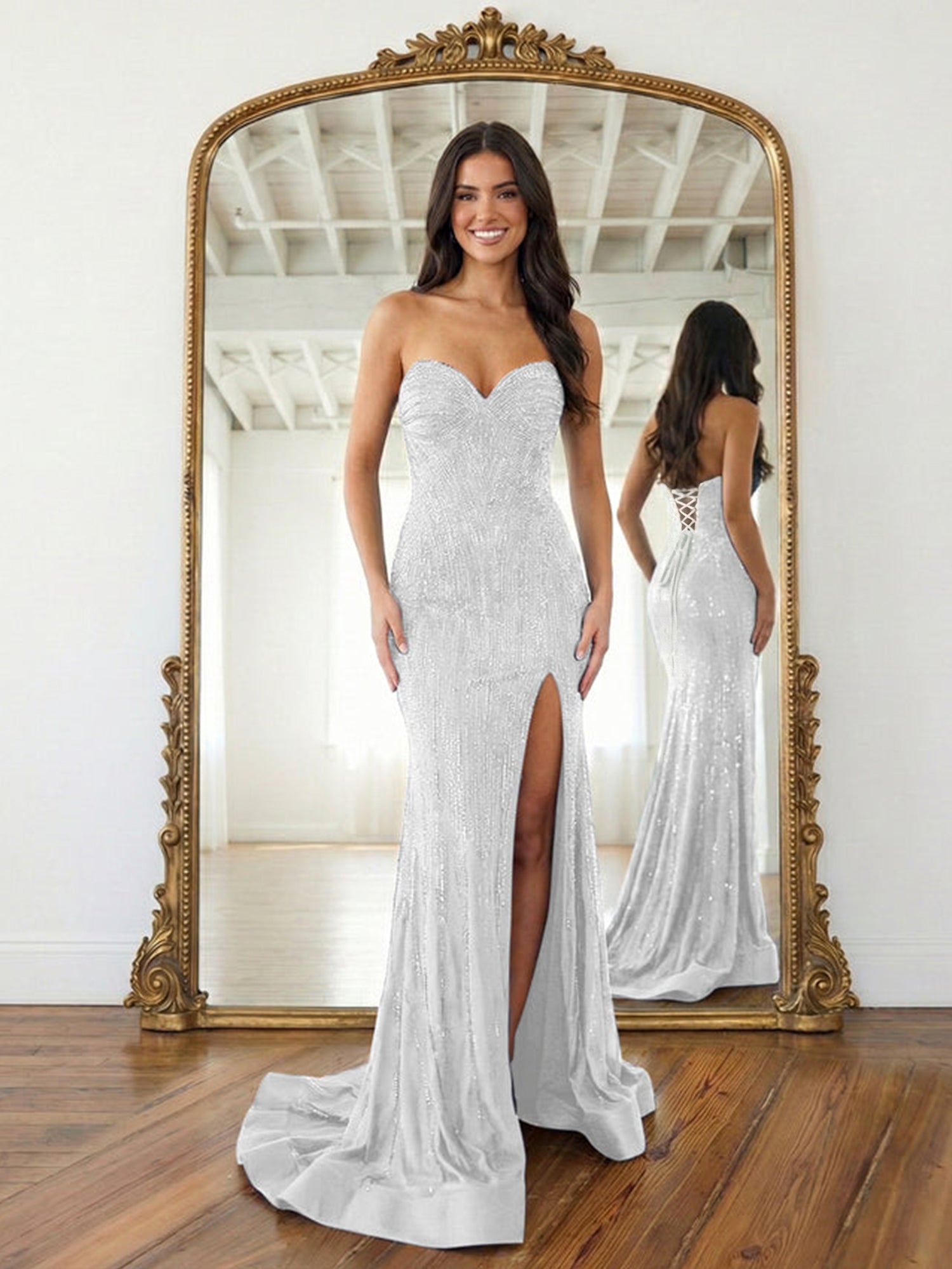 Navy Blue Strapless Sequin Prom Dress with Linear Beading